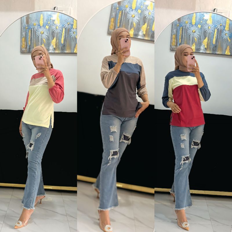 NAMINA - Kaos Wanita Lengan Panjang Kombinasi 3 Warna Tshirt Kerut Namina