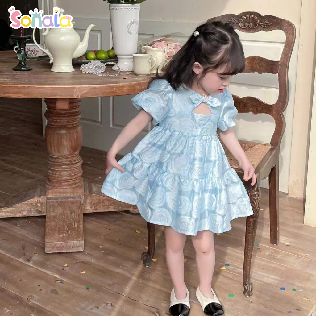 Gaun Lengan Puff Anak Perempuan 2-7 Tahun Gaun Putri Biru Putih Mode Cetak Canggih