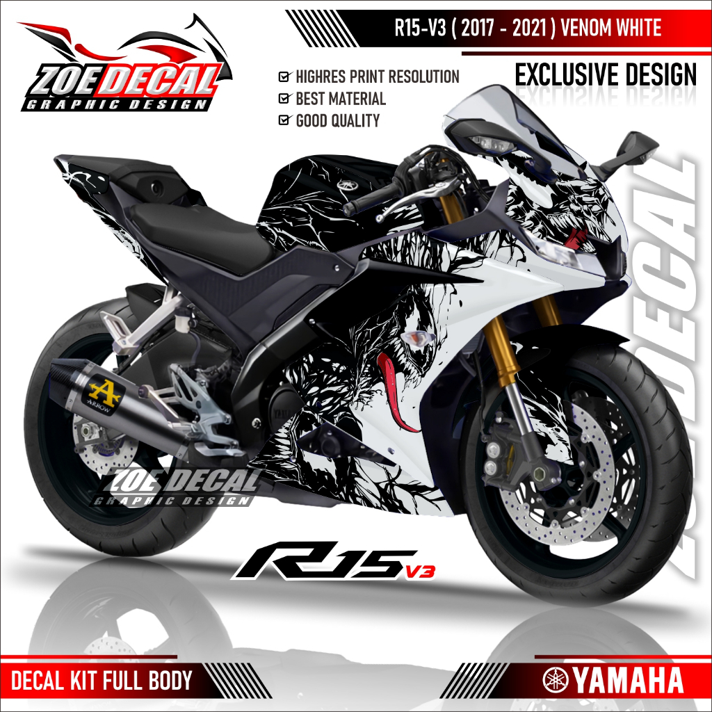 Terbaru Aksesoris Decal Full Body YAMAHA R15 V3 Motif Venom Putih