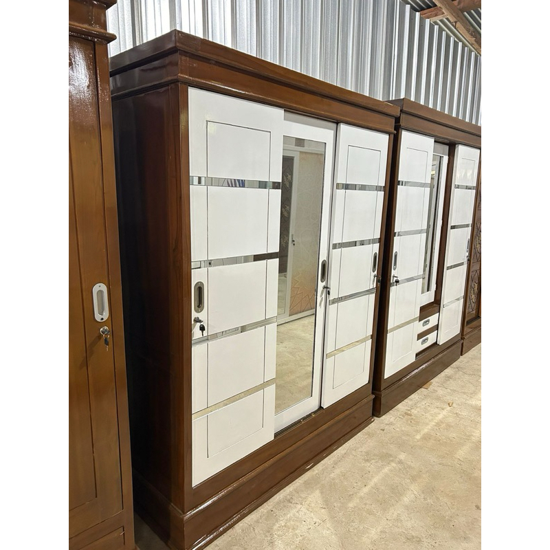 lemari jati 3 pintu kombinasi duco putih