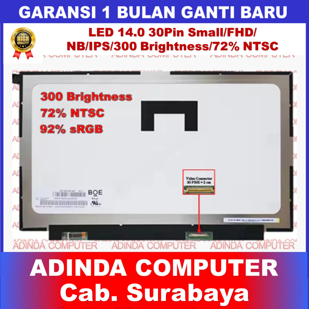 LCD LED 14.0 14 Inch 30 Pin 30pin Small Narrow IPS FHD Full HD 300cd 72% NTSC No Bracket Kuping Baut