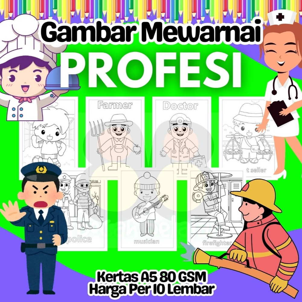 

10 Lembar Kertas A5 Gambar Mewarnai Tema PROFESI PEKERJAAN JOB Termurah - Anak Anak TK SD PAUD Remaja