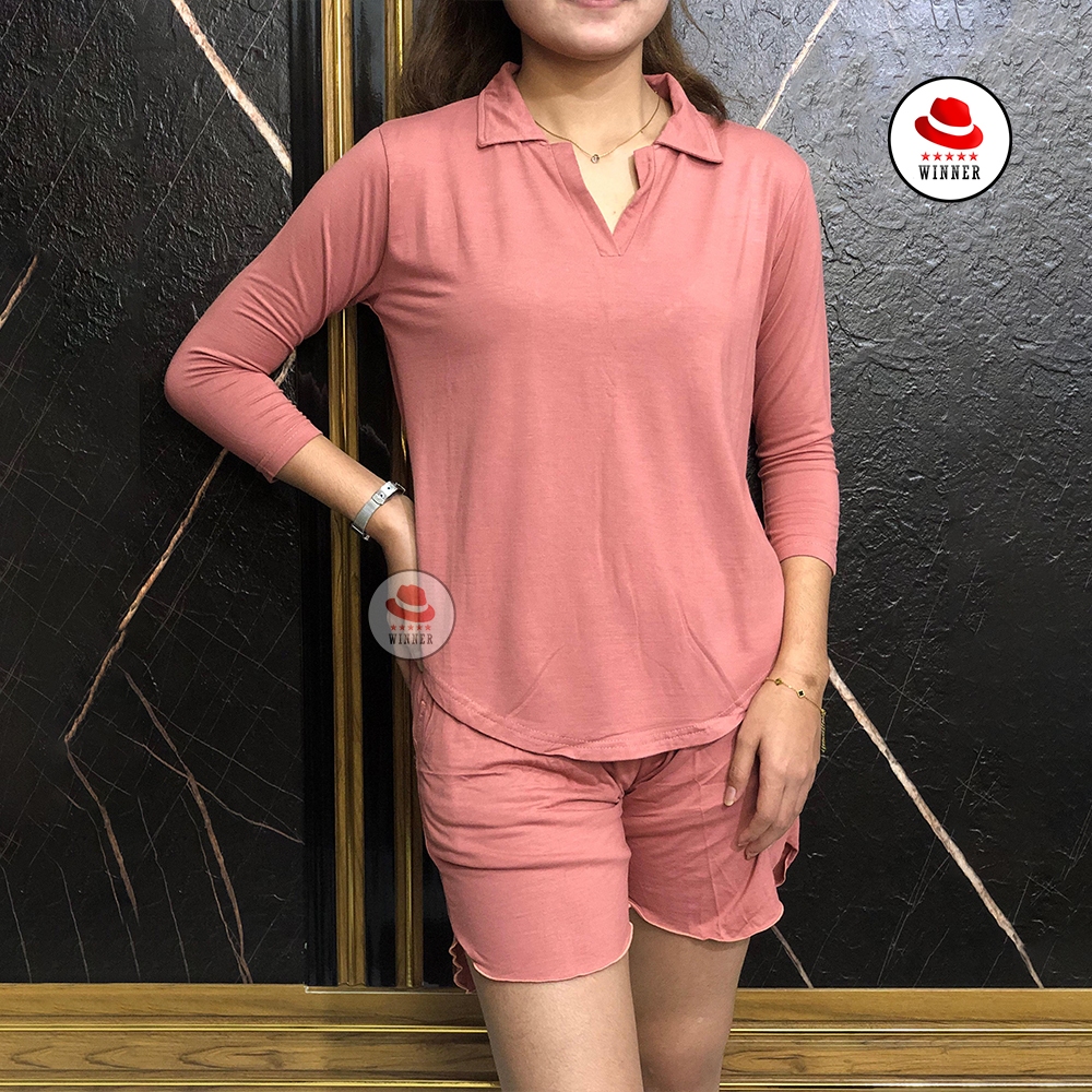 Setelan Wanita Kaos Kerah Polo Casual Celana Pendek Santai 8008