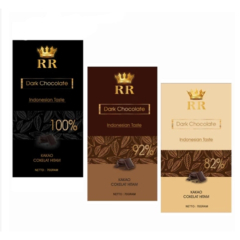

RR COKLAT DIET COKLAT BAR Cokelat Bar Dark 82%, 92%, 100%. Netto 70gram. Vegan, Diet, Diabet!