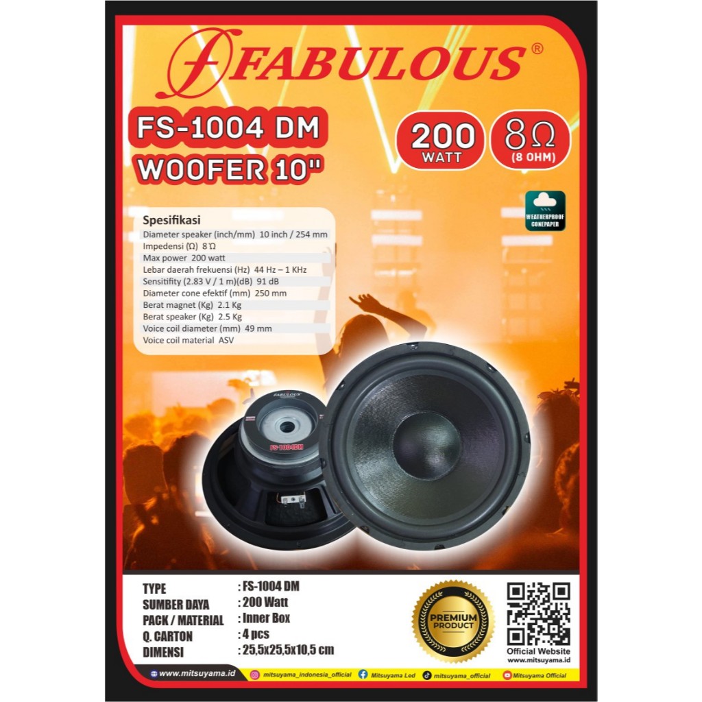 Speaker 10" Subwoofer 200 Watt Fabuloussound FS-1004 DM