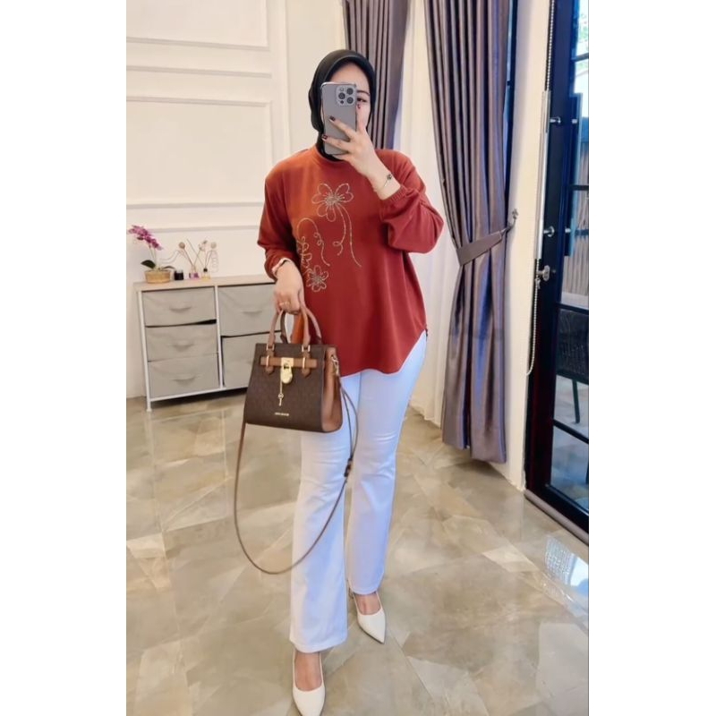 atasan blus wanita kaos knit rajut import bordir monte cantik terbaru