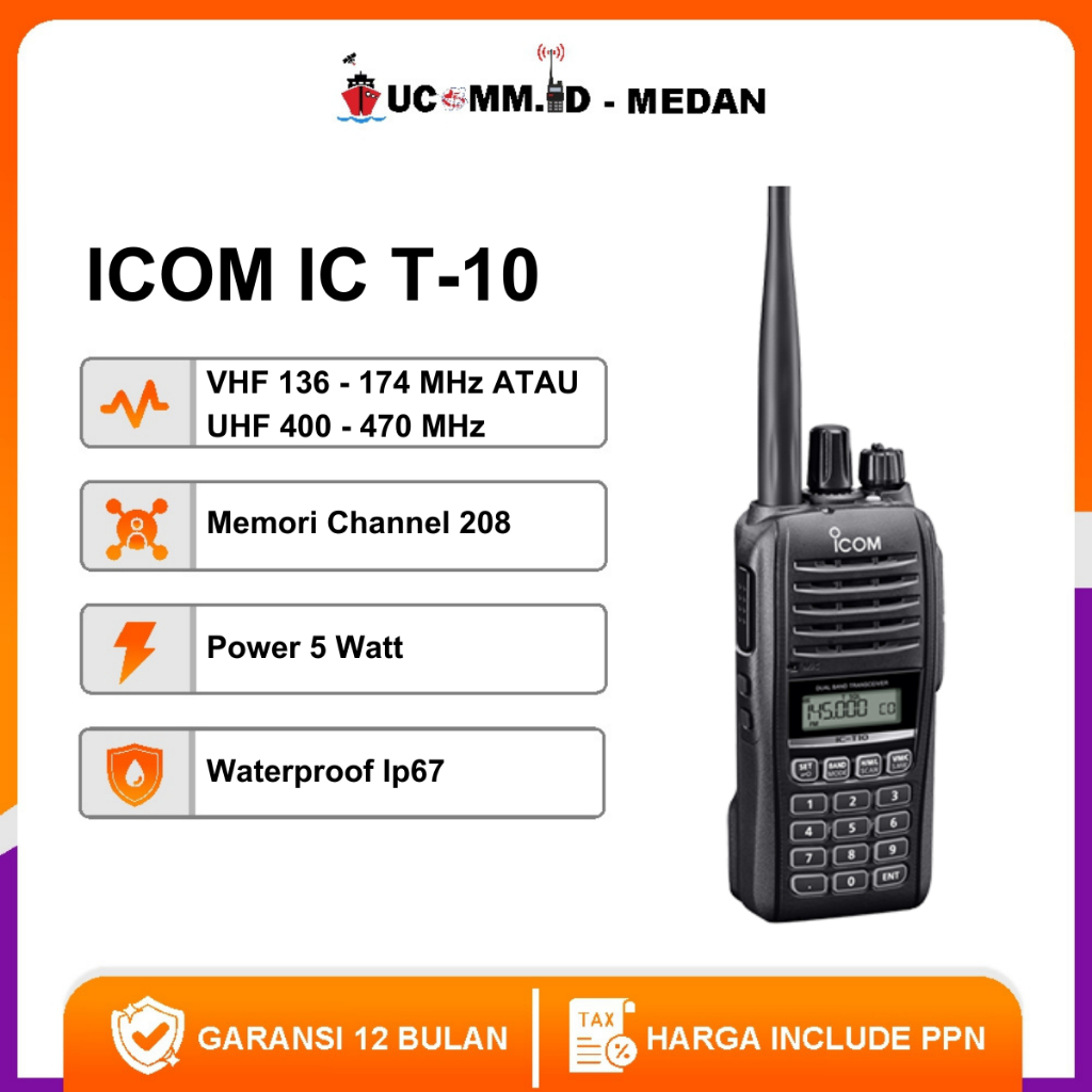 ICOM T10 HT Dual Band VHF UHF Waterproof IP67 Garansi Resmi 1 Tahun
