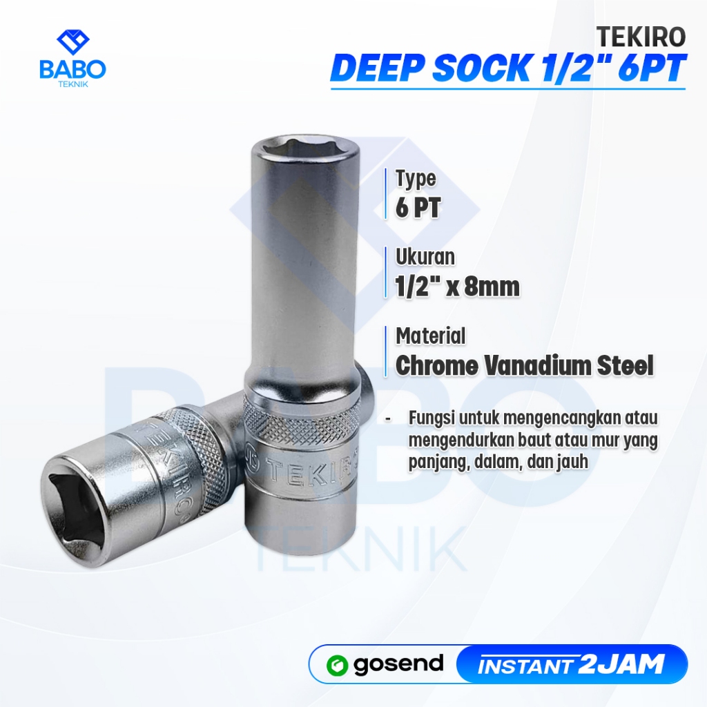 TEKIRO Mata Sok 8 mm Panjang Deep wall Socket 1/2” 6 PT Mata Kunci Shock 8 mm Mata Sock Panjang 8 mm
