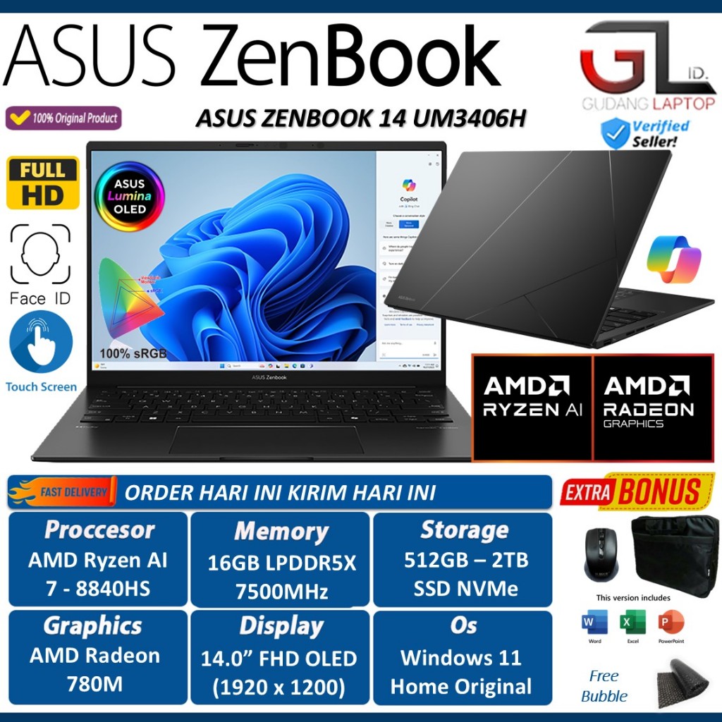 NEW LAUNCH LAPTOP Asus Zenbook UM3406KA RYZEN AI 7 350 RAM 32GB 1TB SSD TOUCHSCREEN BARU ORIGINAL