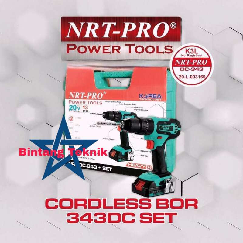 NRT-PRO 343DC Mesin Bor Tangan Double Baterai Hammer Drill 13mm Baterai Charger Batere Cas 12V 2 Bat