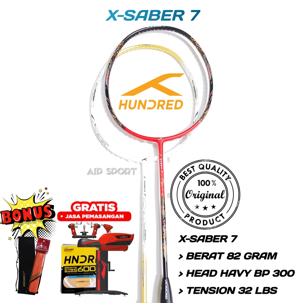 Raket Badminton Hundred X-SABER 7 Original Siap Pakai