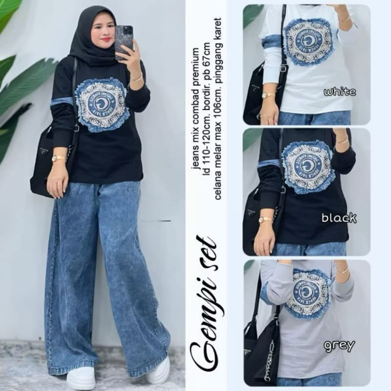 Oneset Jeans Wanita, Atasan Combed 24s, Celana Jeans Kulot, Setelan Jeans Wanita Terbaru