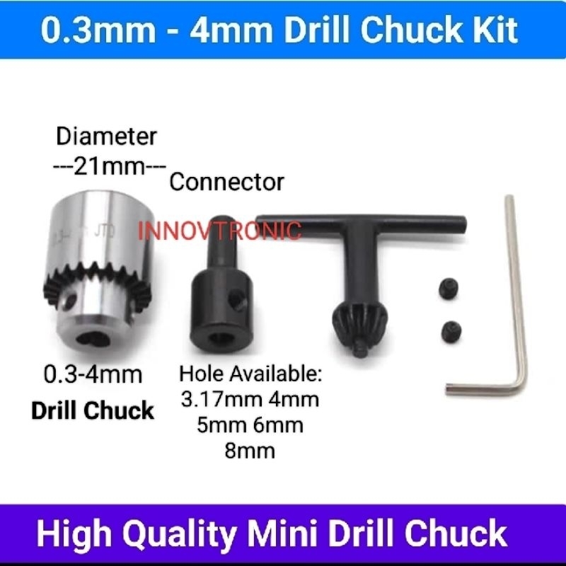 Mini Drill Chuck 4mm + Adapter Connector 3.17mm / 4mm / 5mm / 6mm / 8mm Jepitan Mata Bor dengan Kunc