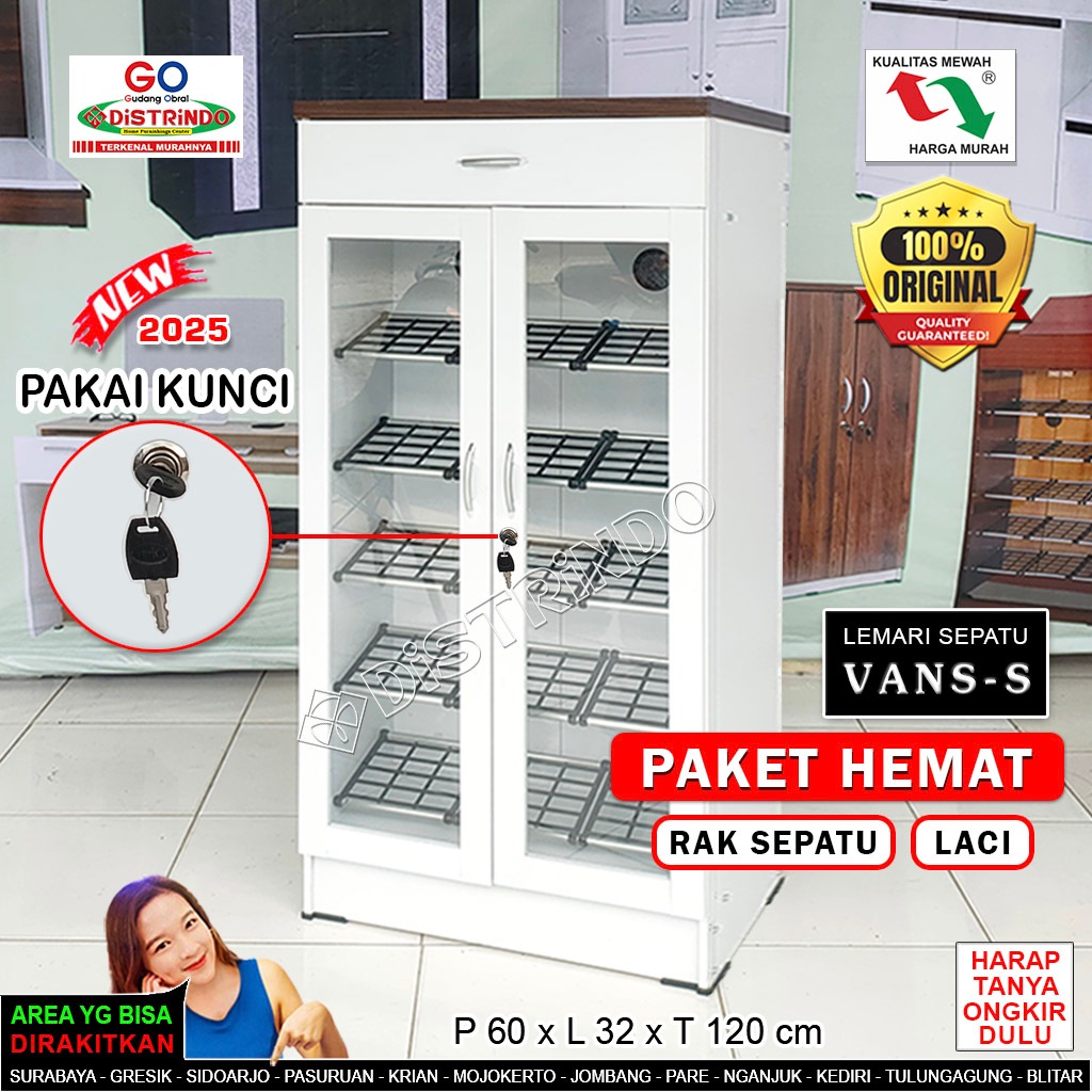 Distrindo - Lemari Sepatu Pintu Kaca 5 Rak 7 Ruang + LACI Sebaguna Kualitas Mewah tapi Murah