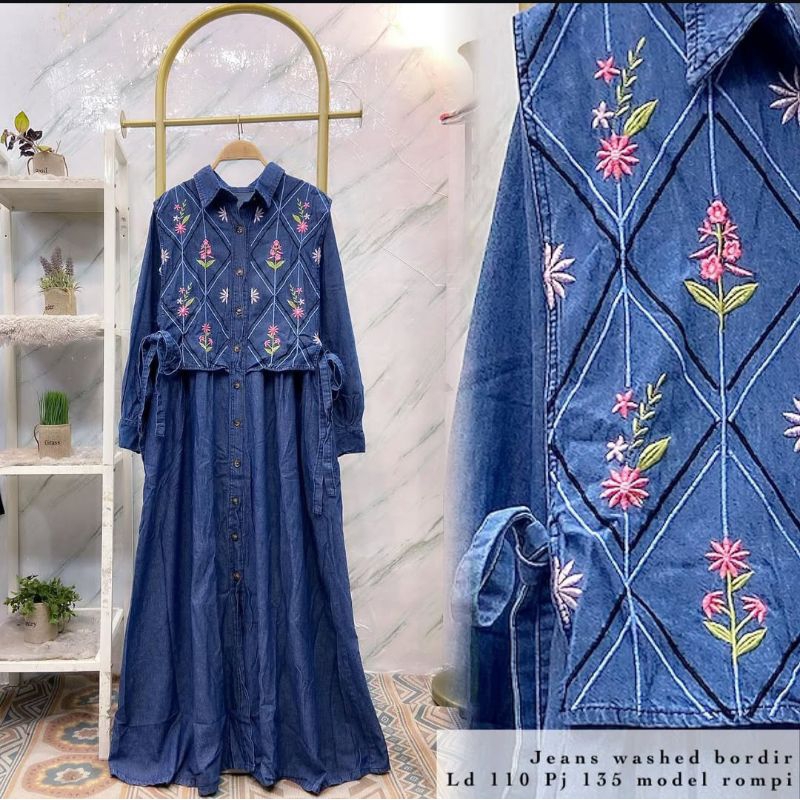gamis jeans bordir wanita model rompi all size fit xl