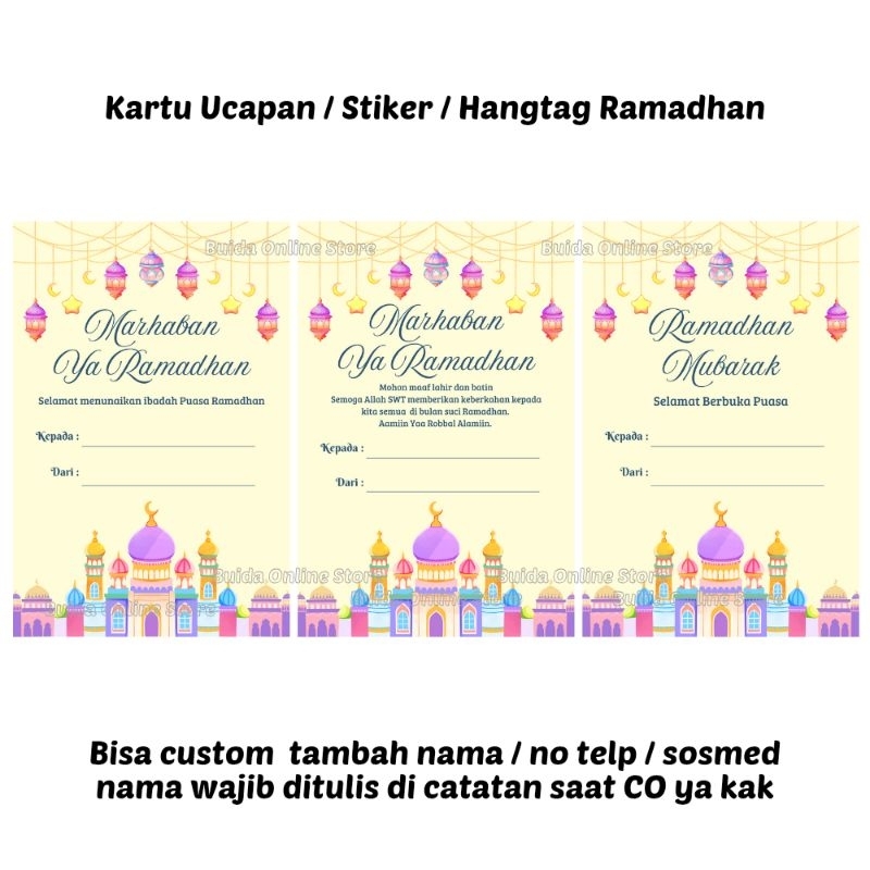 

Sticker stiker / Kartu Ucapan Marhaban Ya Ramadhan Selamat Menuaikan Ibadah Puasa Ramadan Kareem Mubarak Selamat Berbuka Puasa Bisa custom tulisan nama dekorasi kemasan hampers bingkisan hantaran takjil hangtag parcel dus box kotak mika thinwall toples