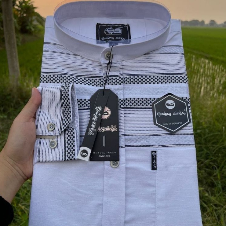 Harga Murah Galery Santri Baju Koko Pria Lengan Panjang Kerah Sanghai Motif Salur Katun Madinah