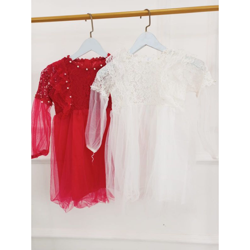 Dress pesta anak perempuan kombinasi brokat tile