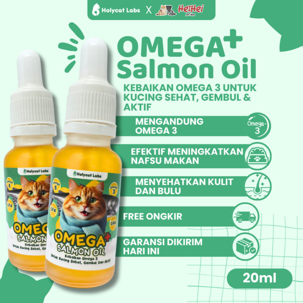 Holycatlabs OMEGA+ Salmon Oil 20 ml - Vitamin Omega 3 untuk Kucing Sehat, Gembul dan Aktif - Minyak 