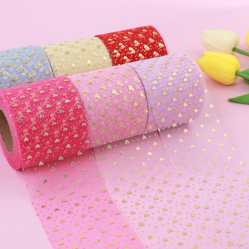 

ROLL (25yards) ribbon pita 6cm tile tulle dengan motif pattern hati emas gold heart mesh star lace pita kain DIY craft wrapping gift