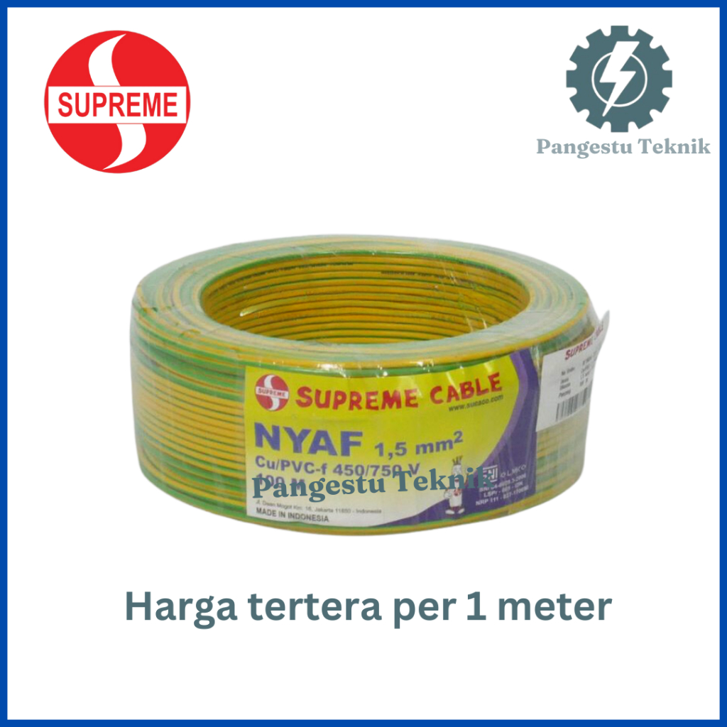 Kabel Serabut NYAF 1.5 mm (Kuning Hijau) Supreme Per 1 meter / Kabel Wiring NYAF 1,5 MM / Harga Per 