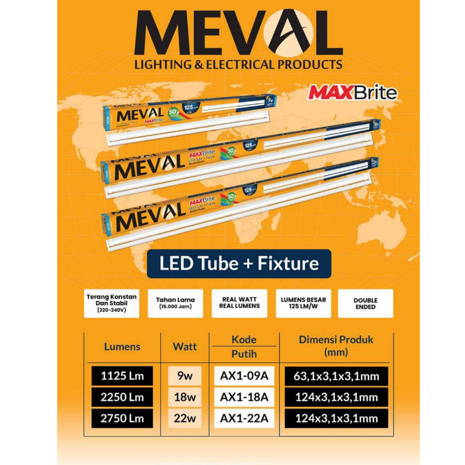MEVAL SATU SET KAP RUMAH LAMPU TL LED + LAMPU TL LED TUBE T8 9W 18W 22W 9WATT 18WATT 22WATT