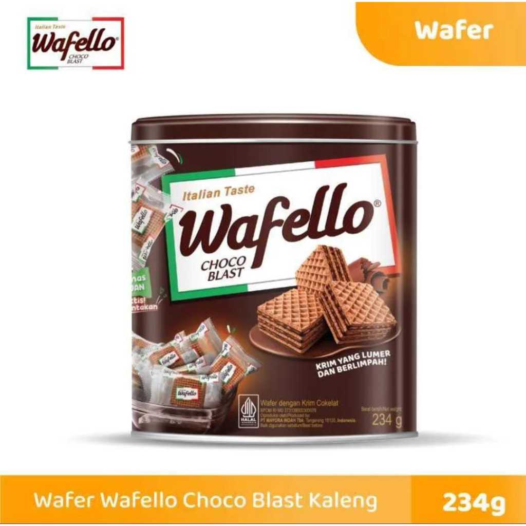 

Wafello kaleng Choco 234gr Caramel 228gr wafer lapis rasa coklat dan karamel