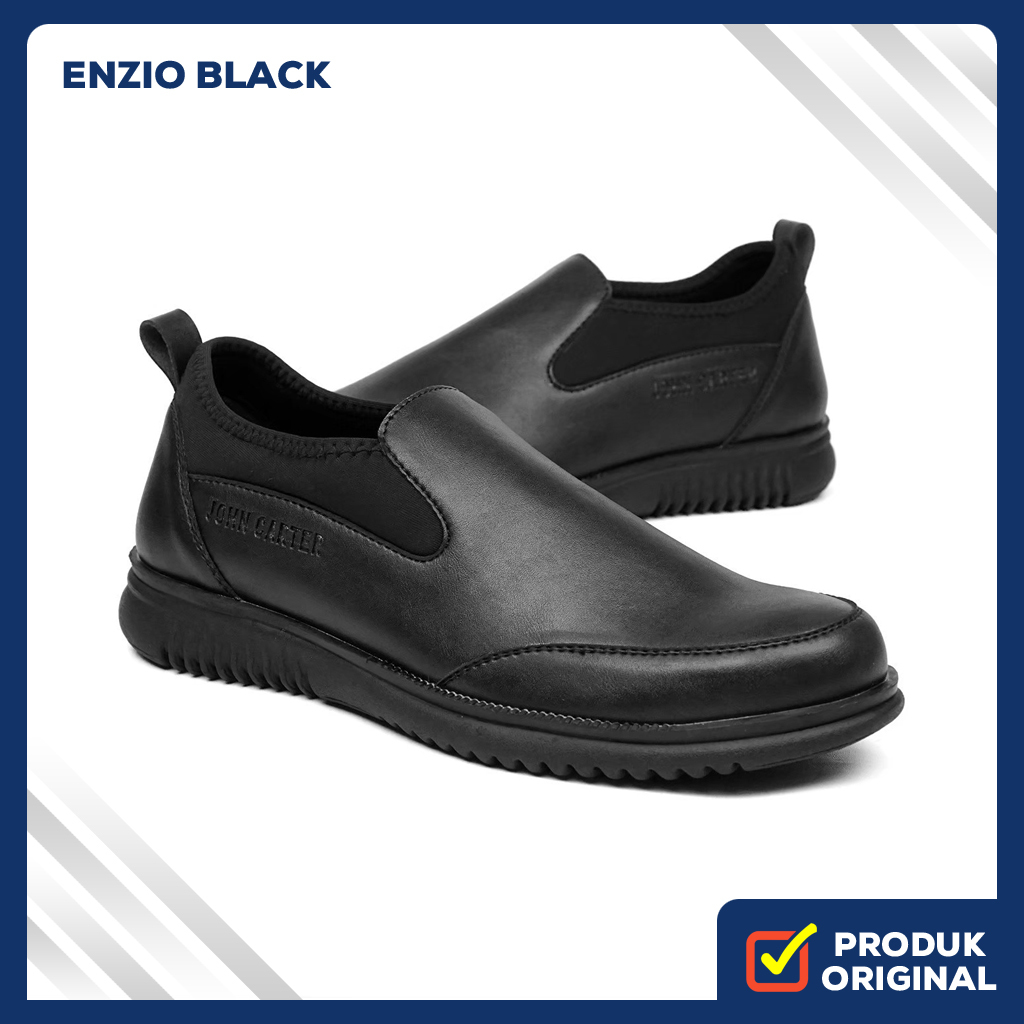 ENZIO BLACK ORIGINAL x JOHN CARTER Sepatu Loafers Full Hitam Pria Slip On Formal Casual Kerja Kantor