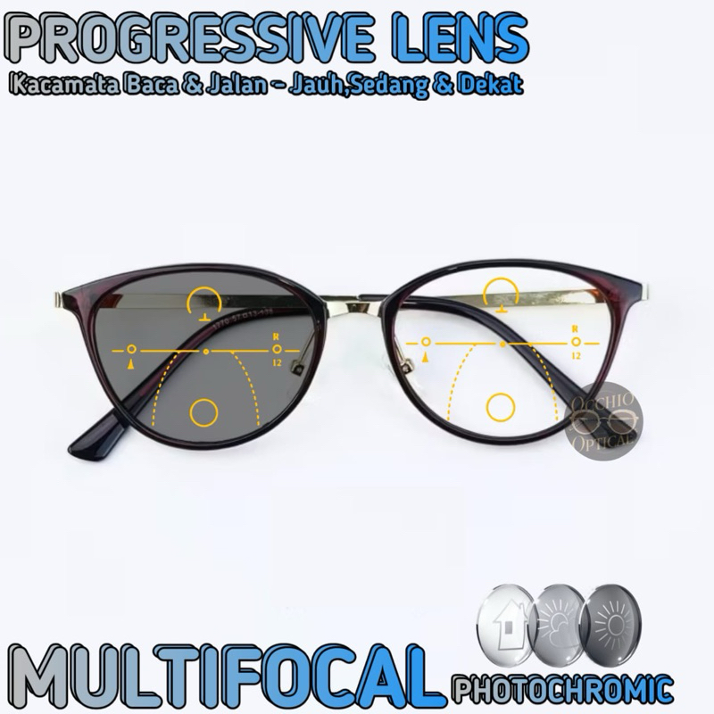 Kacamata Progresif Antiradiasi Photochromic Cat Eye Wanita | Kacamata Baca Plus Jalan | Frame Kacama