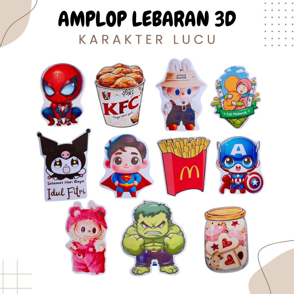 

Amplop Lebaran 3D Karakter / Amplop Lebaran Labubu Superhero Sanrio Kuromi Makanan / Angpao Lebaran Lucu