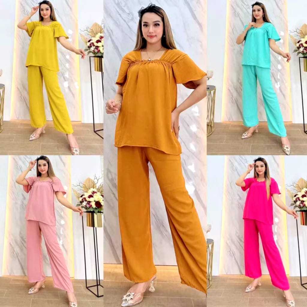 Fuji Baju Wanita One Set Kekinian Setelan Atasan Lengan Pendek dan Celana Panjang Bahan Katun Polos