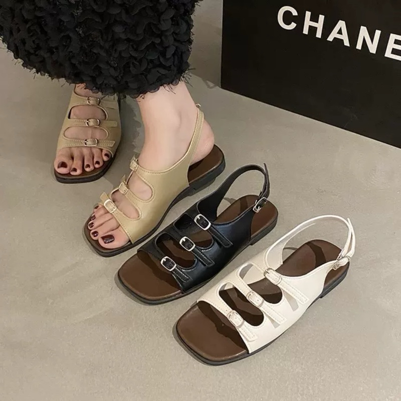 BOZBAY Sandal Flat Wanita Alas Busa Empuk Sandal Tali Gesper