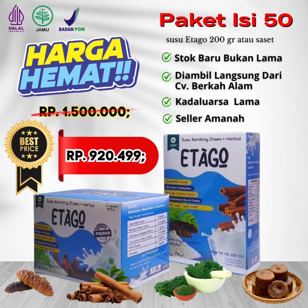 

ETAGO Paket 50 box Susu Etawa+Herbal Dengan Gula Aren. Membantu Mengurangi Keluhan Tulang & Sendi
