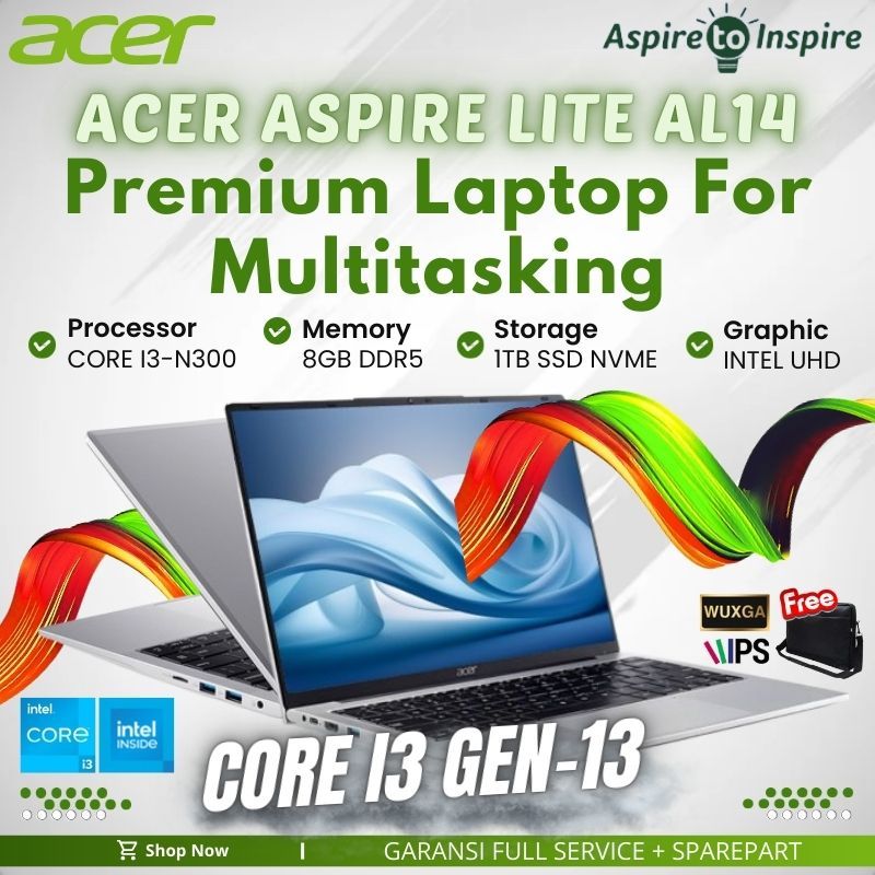 PROMO Laptop Acer Lite AL14-31P-318W Core i3 N300 Ram 8Gb Ddr5 Ssd 1Tb 14" WUXGA IPS Silver Windows 