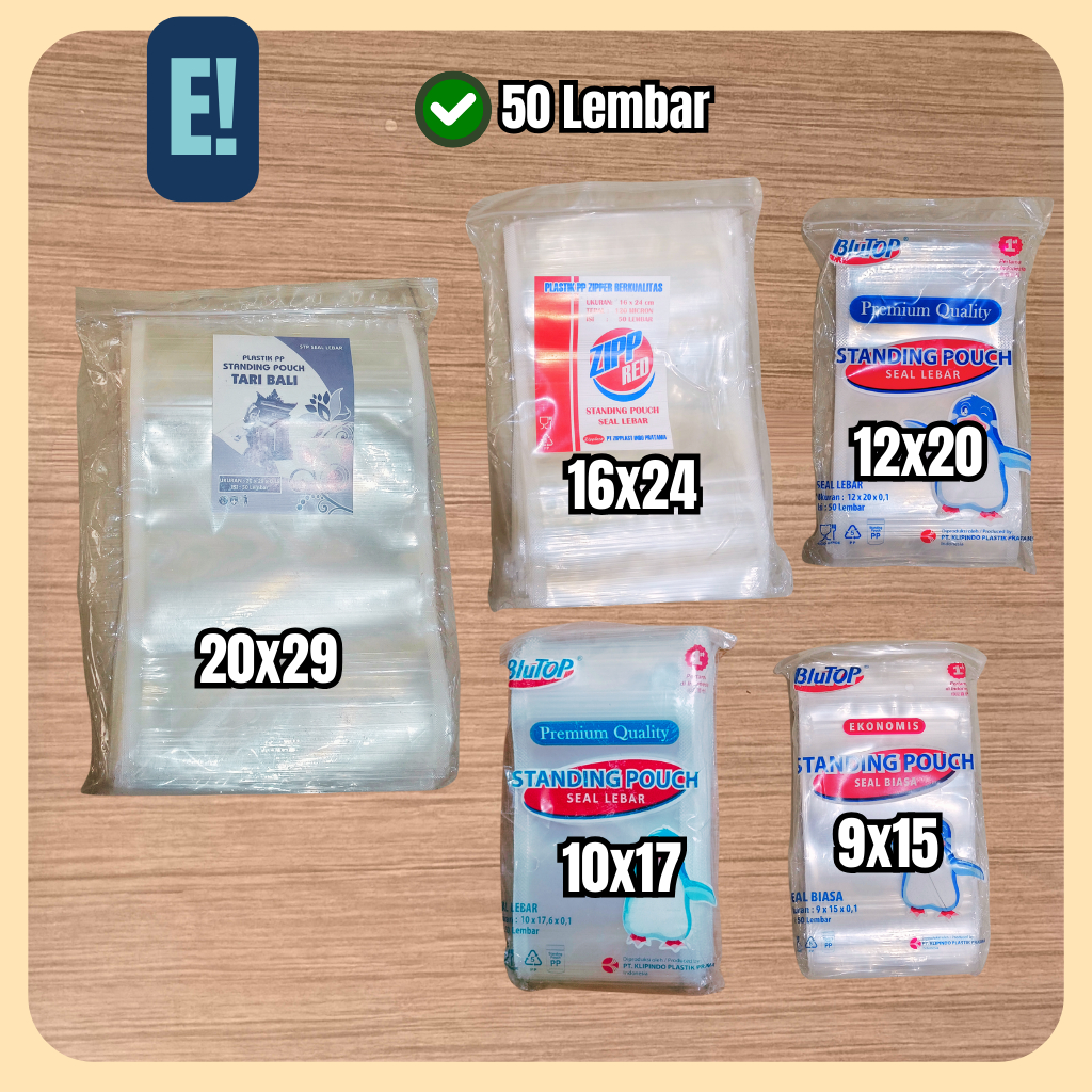 Plastik Standing Pouch Ukuran 9x15, 10x17, 12x20, 16x24, 20x29 isi 50pcs/pack Kemasan Jajan Snack