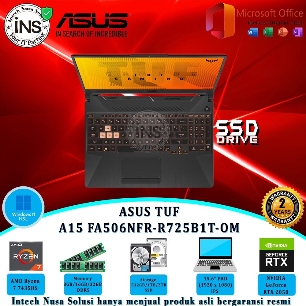 ASUS TUF Gaming A15 FA506NFR-R725B1T-OM  Ryzen 7 7435HS  16GB 2TB SSD WIN11HSL/OHS2021 2Yr