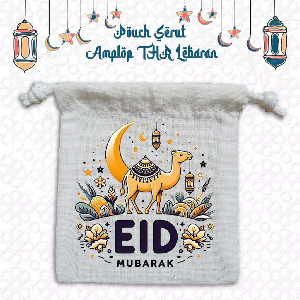 

Pouch Serut THR Lebaran lucu unik motif onta unta bahan SPUNBOND dan BLACU ukuran tinggi 10cm lebar 8cm