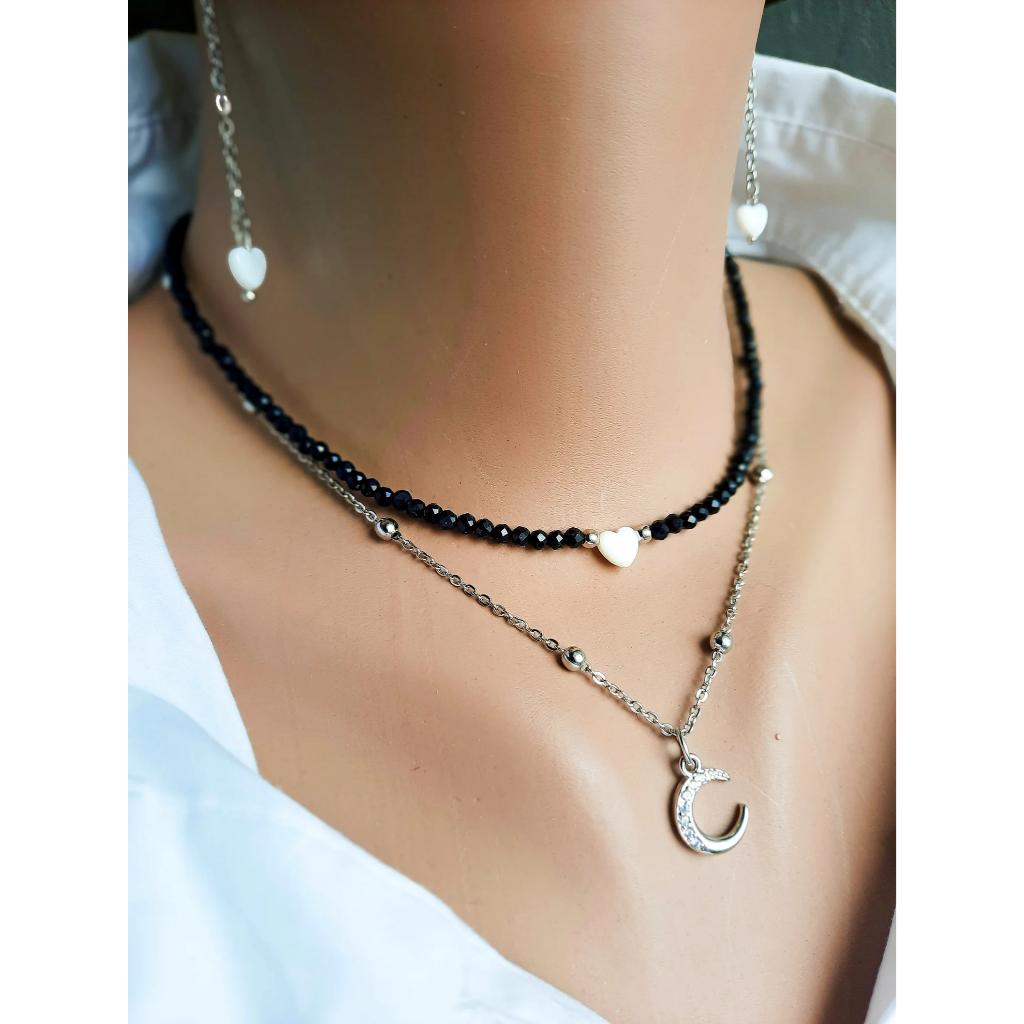 moon and love black pearl necklace
