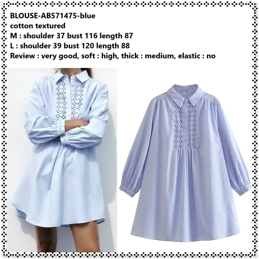 AB571475 Mini Dress Kemeja Lengan Panjang Katun Pastel Wanita Korea Import Blue Biru Tunik
