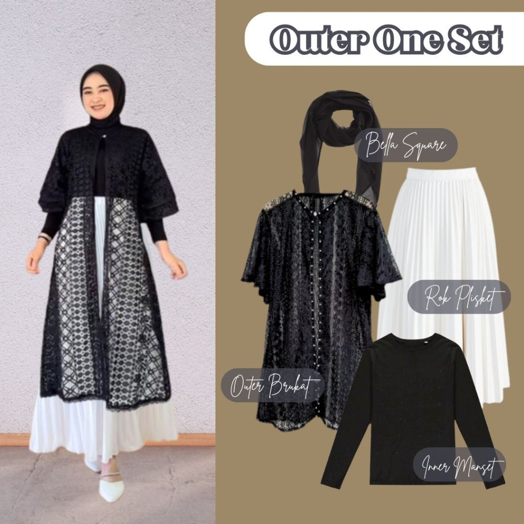 One Set MALLIKA OUTER BRUKAT LENGAN RUFFLE + Rok Plisket Putih Outer Kondangan Hari Raya Idul Fitri