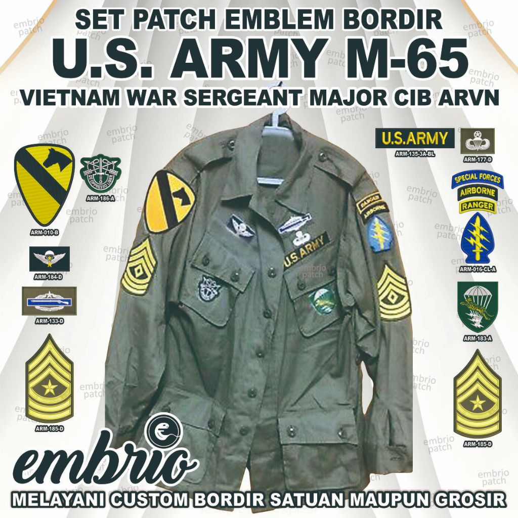 ARM-201 Set Patch Jaket US Army M65 Vietnam War M-65 Sergeant Major CIB ARVN wwii Parachutist Specia