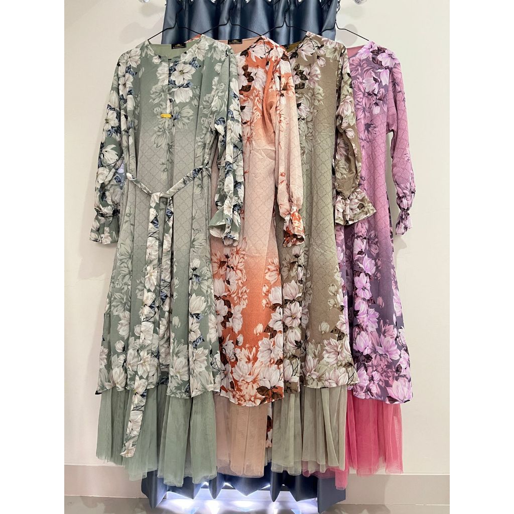 Gamis Ceruti Premium Dress Lebaran Mix Tutu Model Terbaru Motif Bunga