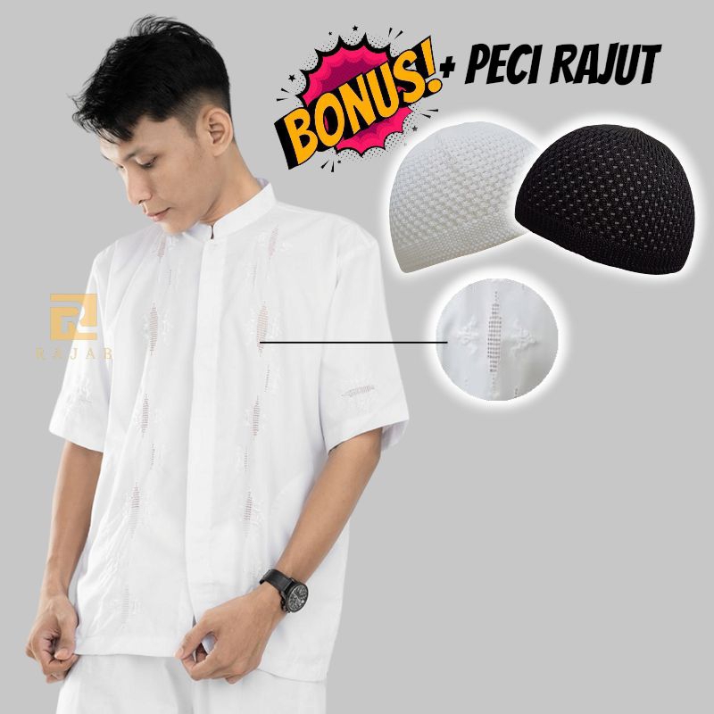 Baju Koko Muslim Pria Dewasa Putih Motif / Baju Koko Kerancang Padang Lengan Pendek Panjang(BONUS PE