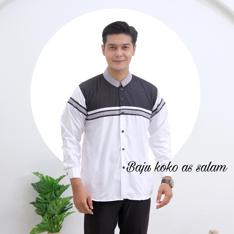 Baju Putih Koko Pria Lengan Panjang Baju Muslim Kombinasi