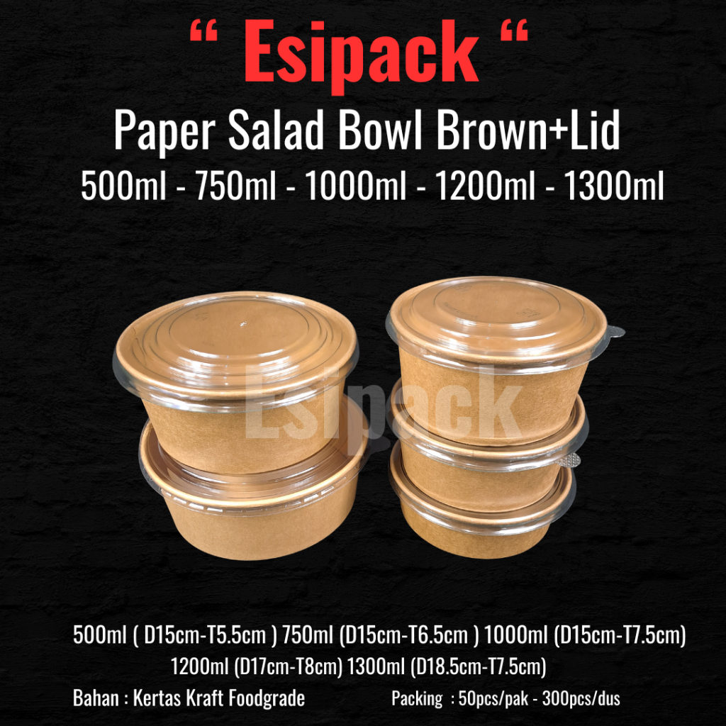 Paper Bowl Salad Brown+Lid - Rice Bowl , Mangkok Kertas 500-750-1000-1200-13000ml