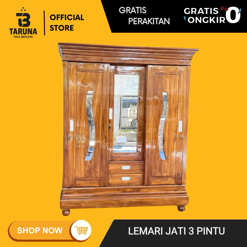 LEMARI JATI 3 PINTU SLIDING MINIMALIS LEMARI BAJU JATI 3 PINTU TERMURAH