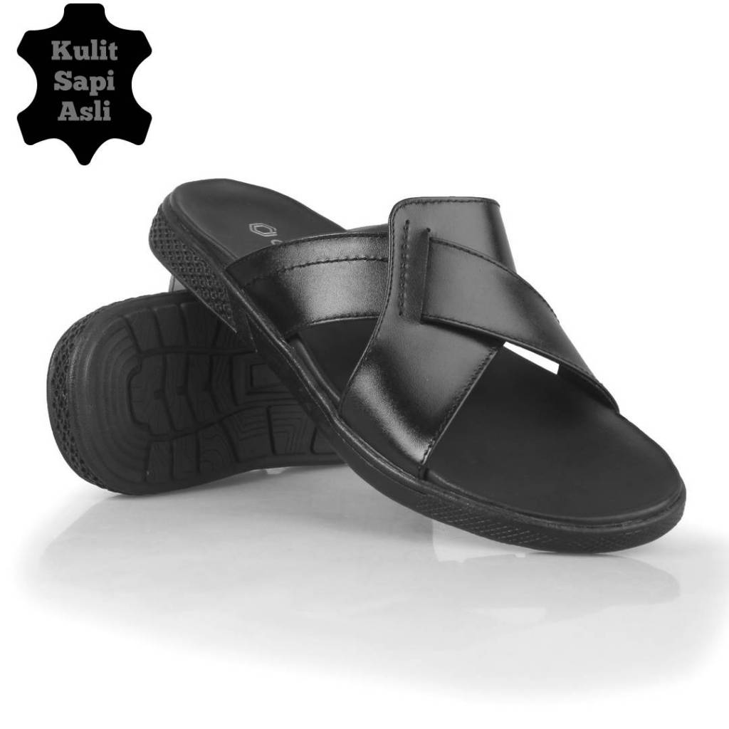 davalo Sandal Kulit Pria Asli Cibaduyut Sendal Selop Slop Kokop Hitam