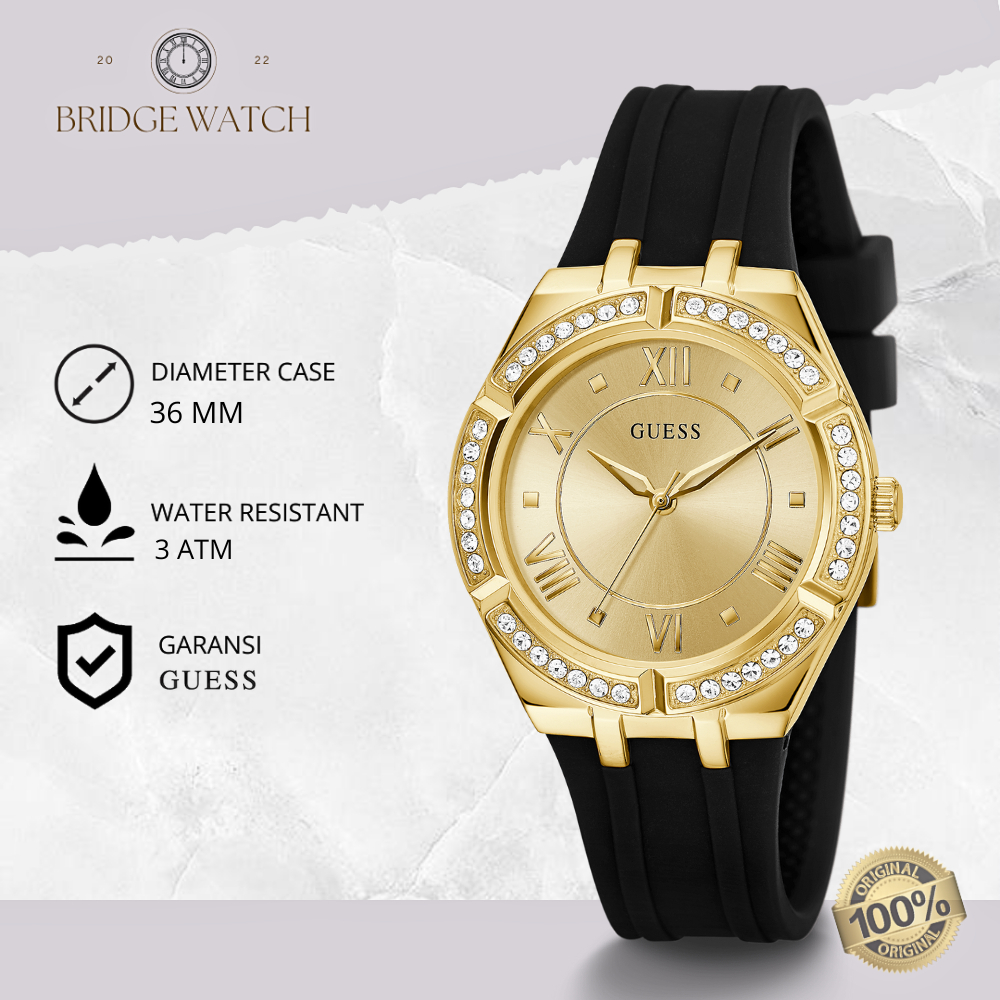 Jam Tangan Wanita Guess Cosmo GW0034L1 Original Analog Rubber Black Gold Strap Silicone Cewek Hitam 