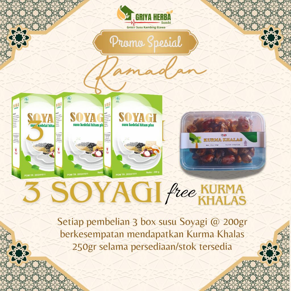 

( paket 3 box free kurma ) Soyagi susu kedelai hitam diet enak dan sehat gratis kurma khalas 250gr