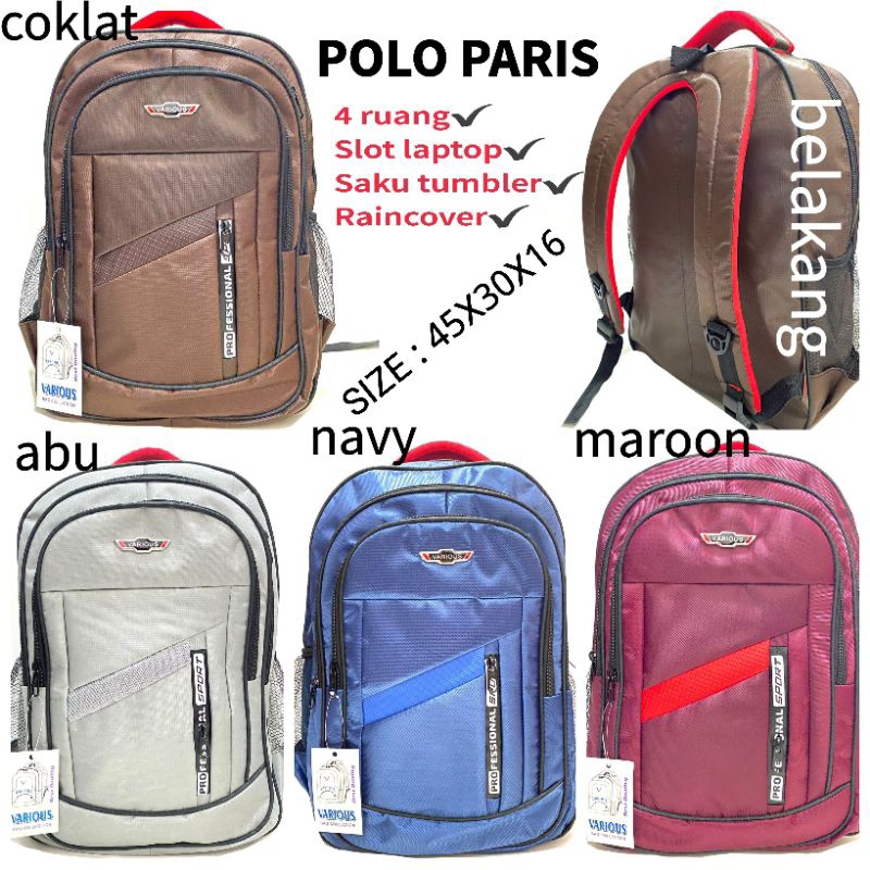TAS RANSEL POLO PARIS MURAH ADA RAINCOVER WARNA MAROON DAN HITAM